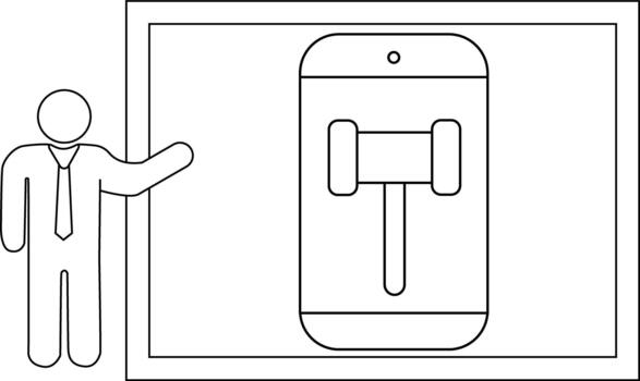 Stick figure gestures towards a smartphone displaying a gavel in a framed setting vector