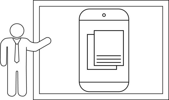 Stick figure gesturing to a phone screen showing stacked documents within a rectangular frame vector