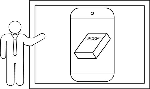 Stick figure presenter shows an ebook on a mobile device inside a frame vector