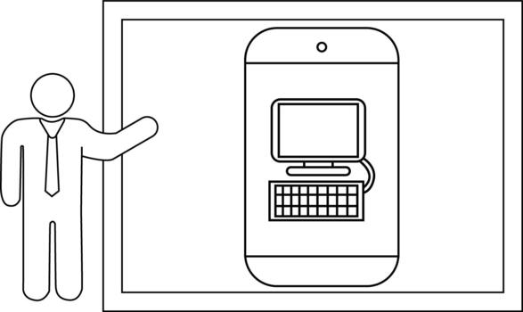 Stick figure presents a smartphone displaying a computer setup inside a framed minimalist design vector