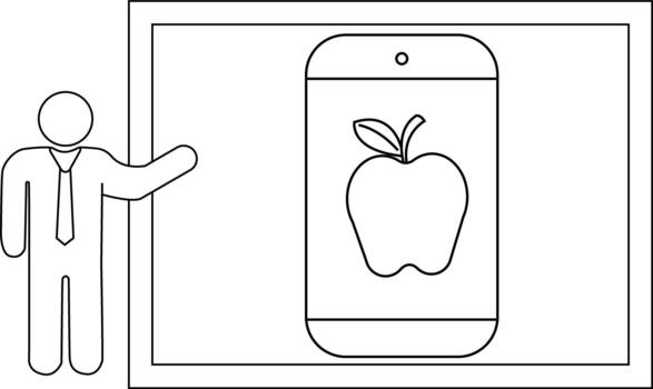 Stick figure presents a screen displaying an apple logo on a device vector