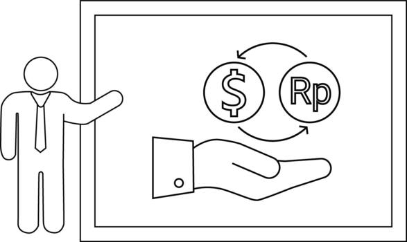 A presenter gestures to a board showing currency exchange symbols above an open hand vector