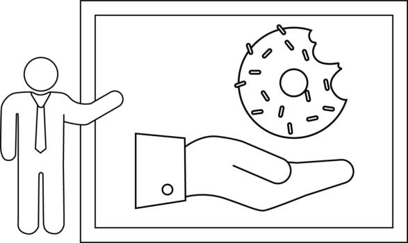 A presenter gestures to a poster depicting a hand offering a sprinkled donut with a bite missing vector