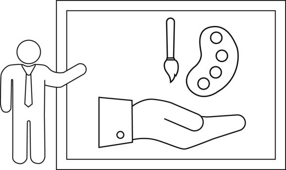 An artwork shows a person gesturing towards a framed display of a paintbrush palette and hand vector