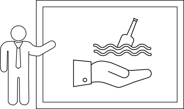 Business figure presents bottle at sea on open hand inside a bordered display vector