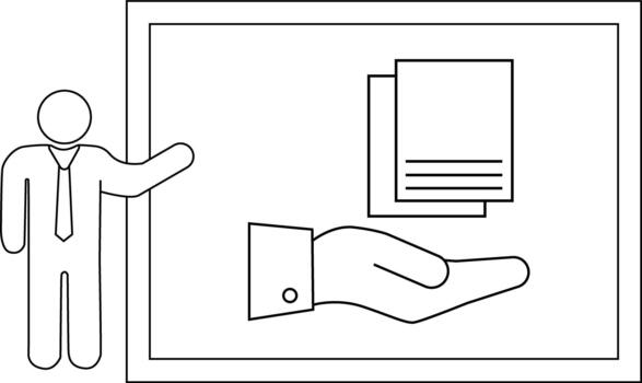 Icon of a stick figure presenting documents on a hand in a square frame vector