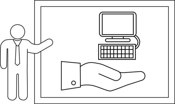Presentation person pointing to a computer resting in a hand inside of a box vector