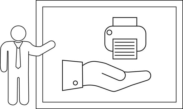 Presenter shows printer over hand in framed display vector