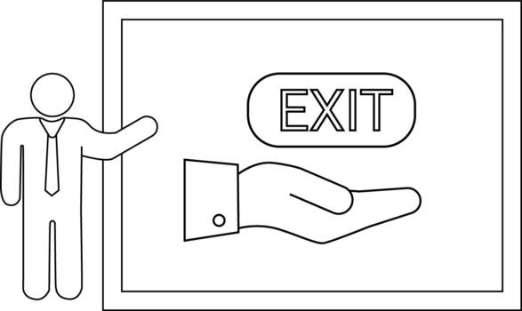 Stick figure person points to a sign displaying EXIT above an open hand vector