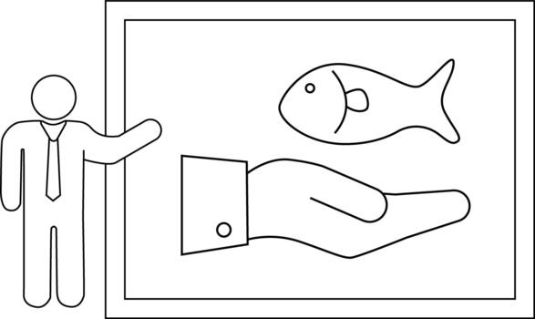 Stick figure points to a framed drawing of a fish hovering above an open hand vector