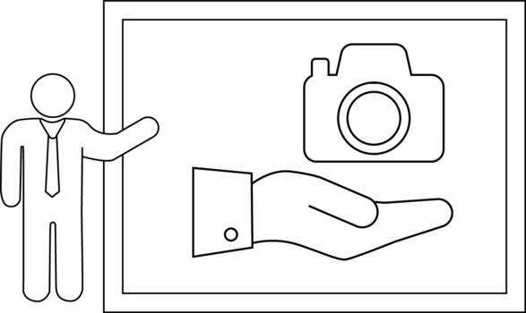 Stick figure presenter gesturing to a frame of a hand and camera icon vector