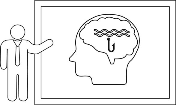 A figure gestures toward a frame with a head profile containing a brain waves and a fishing hook vector