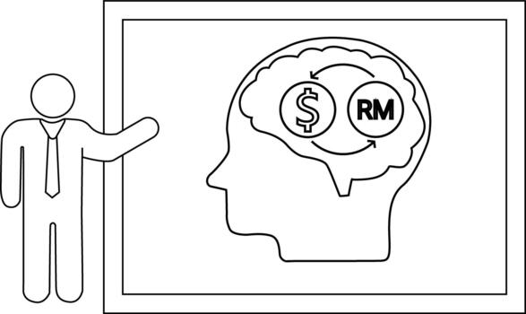 A man presents a brain with dollarRM symbols and arrows within it set on a framed display vector