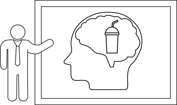 un persona puntos a un cerebro imagen conteniendo un taza con un Paja dentro un marco vector