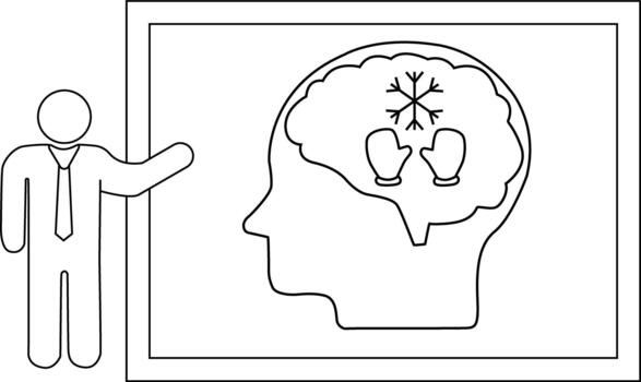 A person points to a head with a brain containing a snowflake and mittens inside a frame vector
