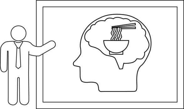 A person presents a brain with noodles in a bowl displayed on a frame vector