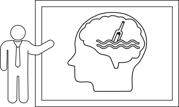 A presenter points to a brain illustration with a bottle floating on water inside vector