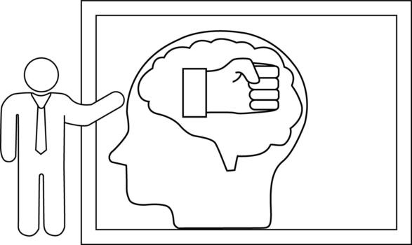 un presentador puntos a un cerebro-cabeza gráfico con un puño dentro vector
