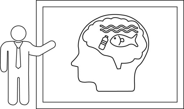 A presenter points to a head outline with fish bottle waves inside against a white background within a framed black outline vector