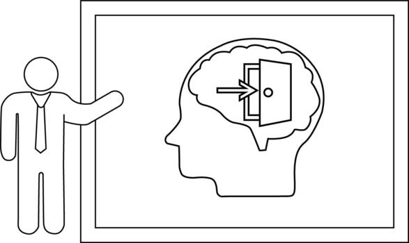 A presenter points to a whiteboard showing a brain with an open door and arrow pointing inside vector