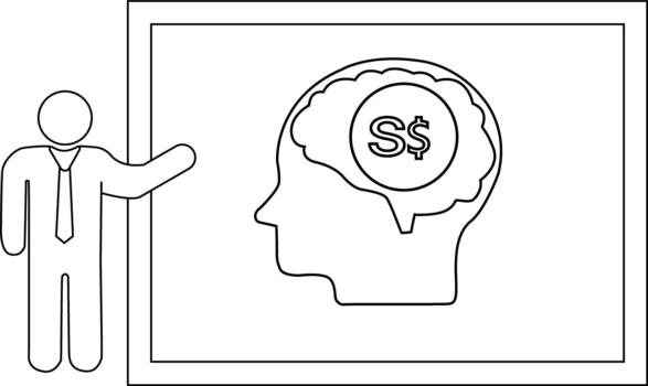 A presenter points to a visual on a screen depicting a head profile with a Singapore Dollar symbol inside vector