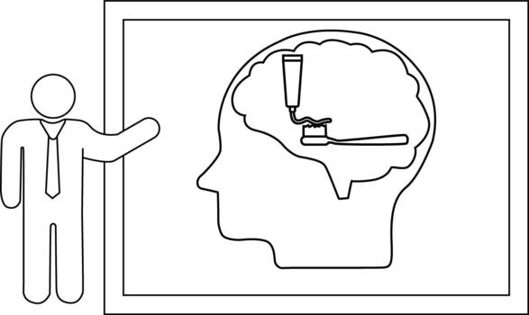 A simple outline drawing of a person presenting a framed image of a head containing a toothbrush and toothpaste vector