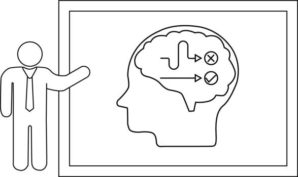 A presenter stands before a diagram depicting a head with routes to success and failure vector