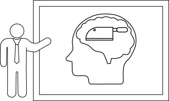 A stick figure is pointing at a graphic of a head with a meat cleaver in the brain vector