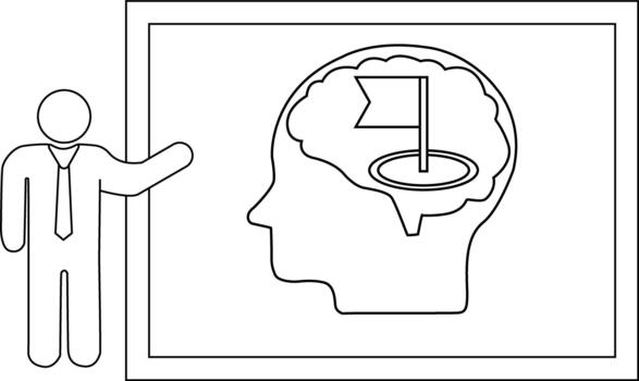 A stick figure points to a whiteboard with a brain graphic a flag on top of a target inside the brain vector