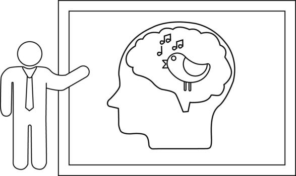 A stick figure presents a head outline Inside the brain there is a singing bird with musical notes above vector