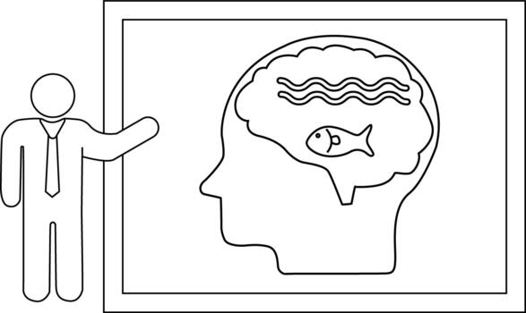 A stick figure presents a head outline with a brain containing waves fish on a frame vector