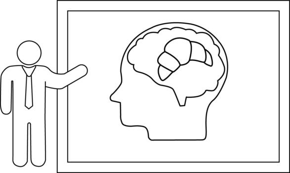 A stick figure presents a chart with a head profile containing a croissantshaped brain vector