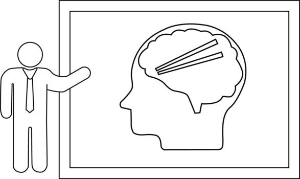 A stick figure presents a head with chopsticks piercing the brain framed by a rectangle vector