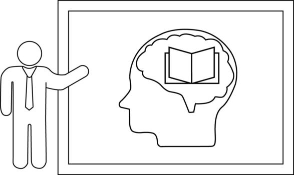 An open book sits inside a mind outline on a board next to a presenter vector