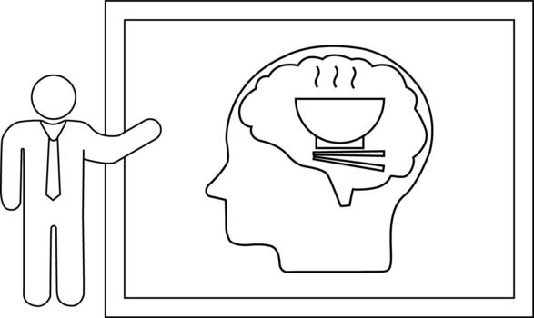 Cartoonstyle presentation shows a presenter standing beside a diagram of a head with a bowl of noodles inside the brain vector