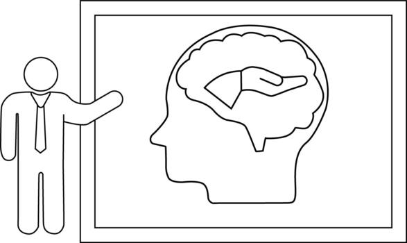Figure points to brain in head outline inside frame vector