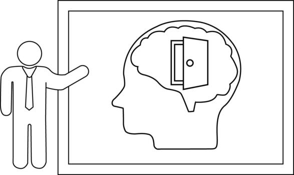 An outline depicts a presenter next to a frame showing a brain with an open door inside vector