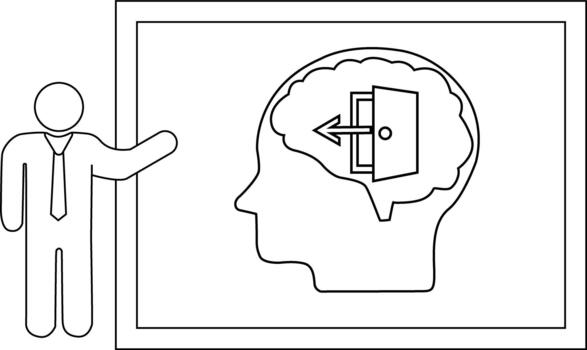Drawing of a presenter pointing to a brain illustration with an exit door inside vector