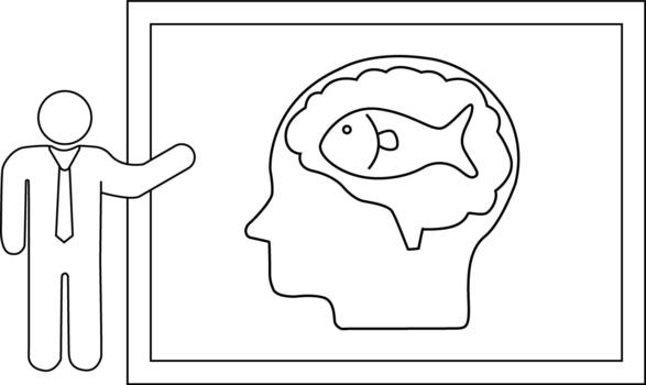 Figure points to head outline containing a fish within a framed presentation vector