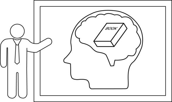 Illustration of a person presenting a brain with a book inside within a frame vector