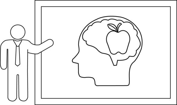 línea Arte muestra un persona presentación un cabeza con un manzana dentro el cerebro en un tablero vector