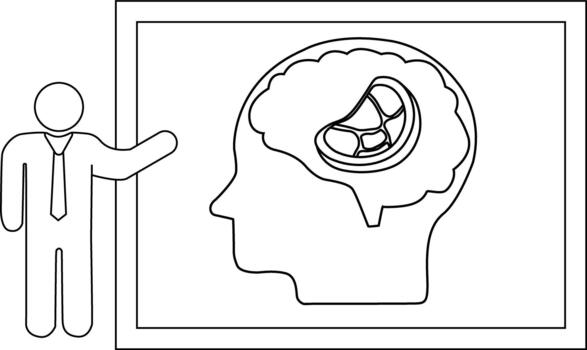 Line drawing of a person presenting a brain inside a head inside a frame vector