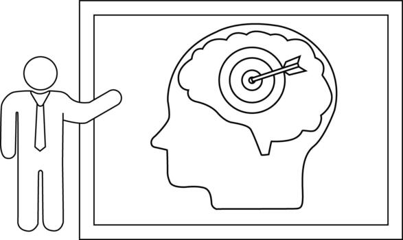 Line drawing of a person gesturing to a framed head silhouette with target and arrow inside the brain vector