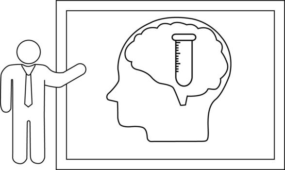 Line drawing shows a presenter pointing at a brain diagram featuring a test tube vector