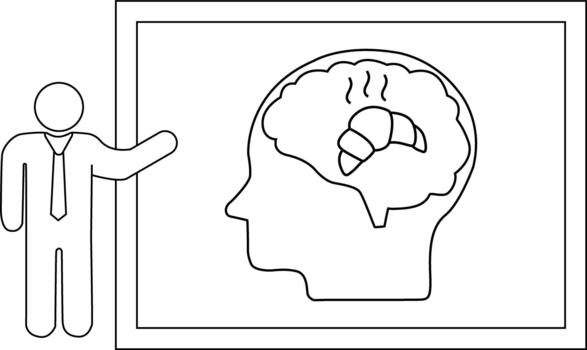 Man gestures to a framed head profile with a croissant and brain waves inside the brain all in black and white vector