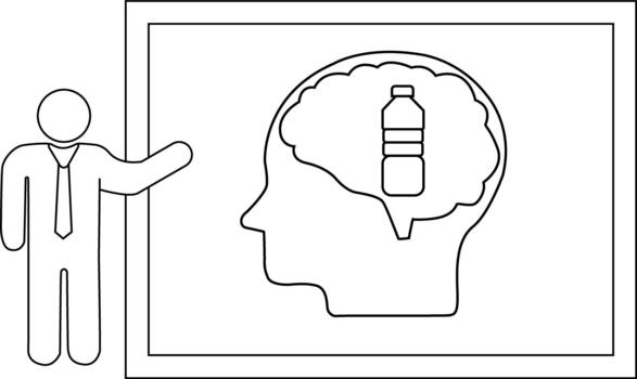 Man points to graphic of head with water bottle inside brain vector