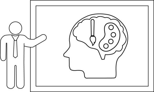 Outline drawing of a figure gesturing towards an illustration of a brain with art tools inside vector