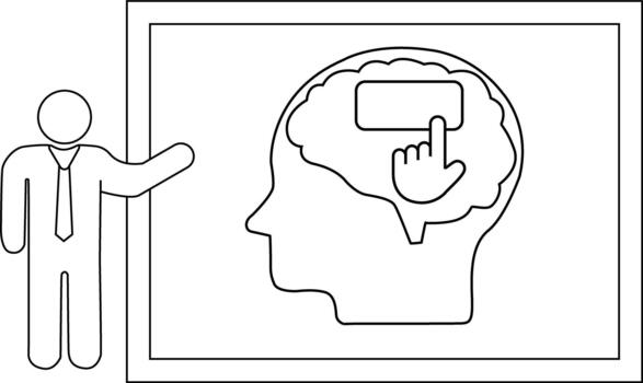 Outline image business person presents screen displaying brain with hand pressing button vector