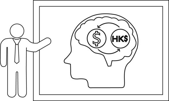 Presentation of idea of converting US dollar to Hong Kong dollar by presenter at white board vector
