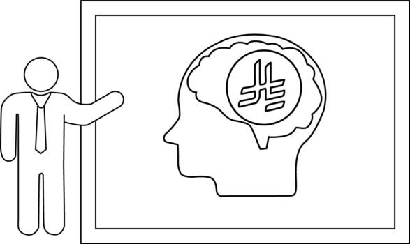 Stick figure points to board with head outline containing symbol in brain enclosed in frame vector